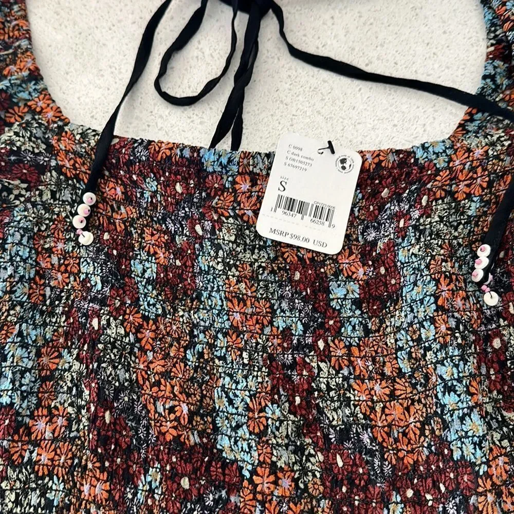 NWT Free People Back on Top Floral Square Neck Puff Sleeve Earthy Cropped S